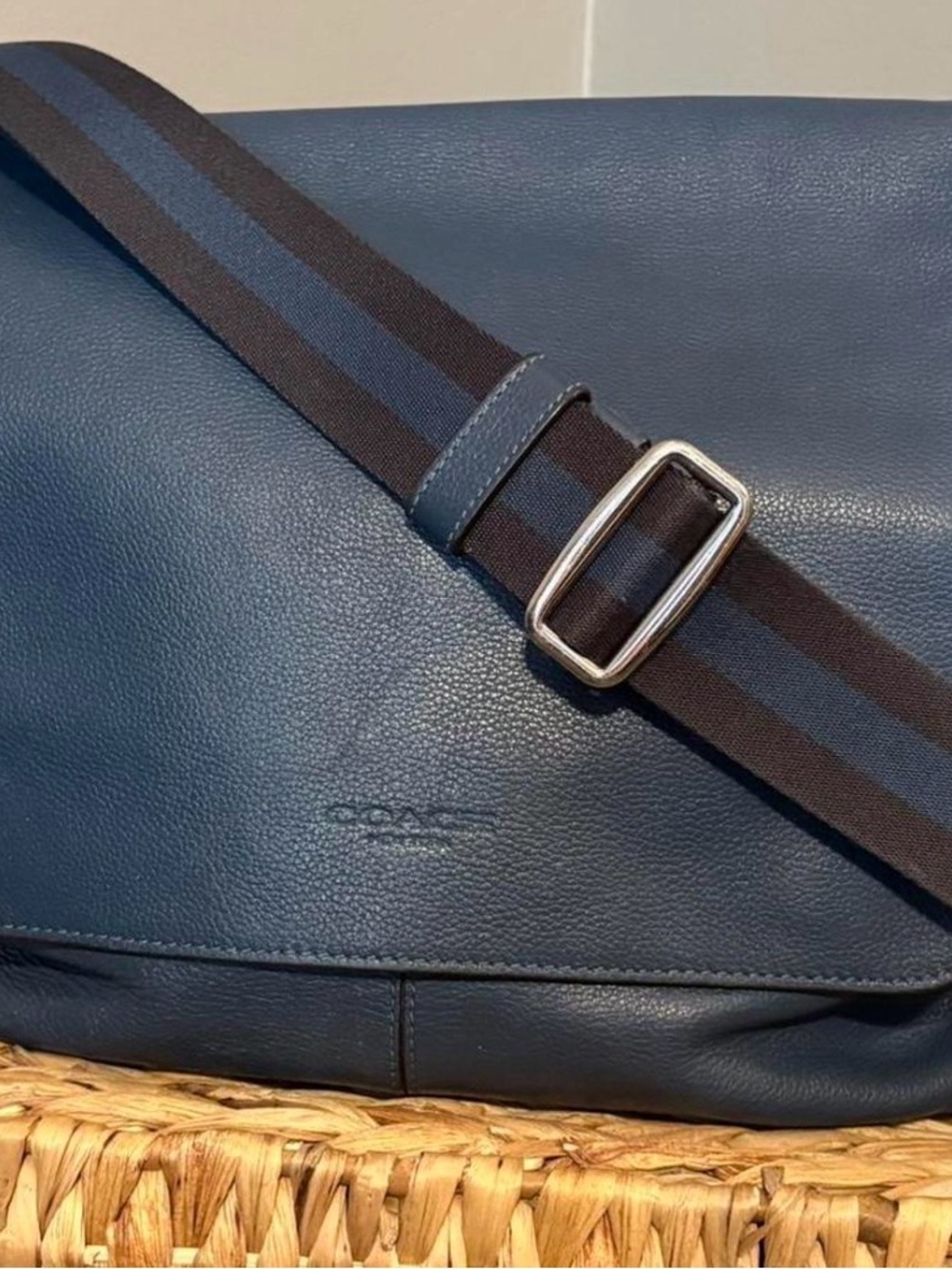 Coach Navy Leather Men’s Messenger Bag with Striped Strap